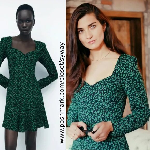 Zara Floral Print Sweetheart Neckline Long Sleeves Mini Dress - Picture 1 of 10